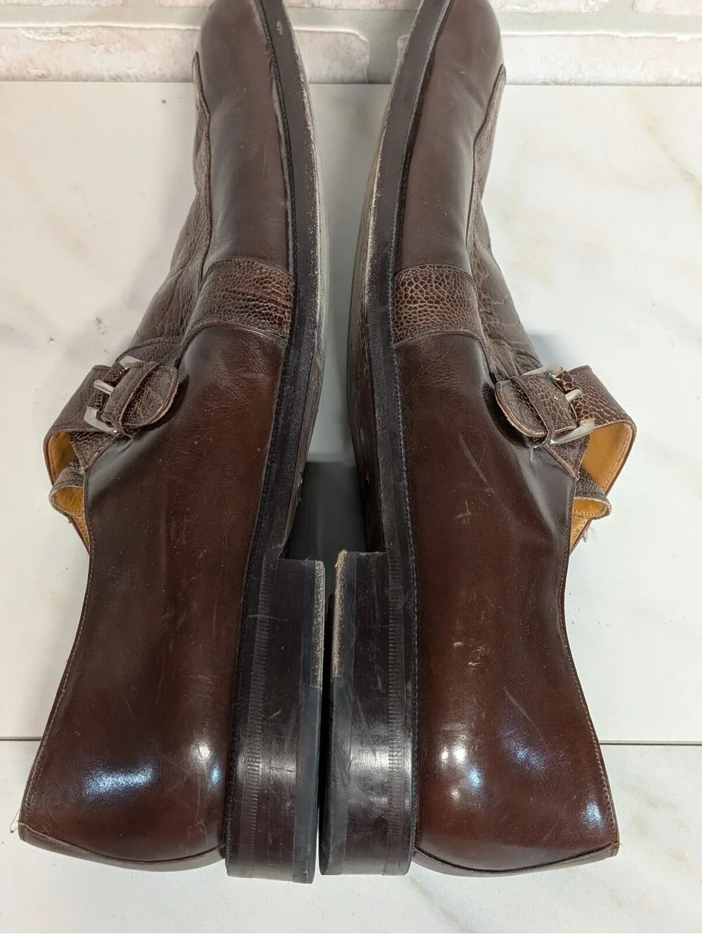 Mezlan Men's Brown Ostrich Leather Monk Strap Dress Shoes Size 16M